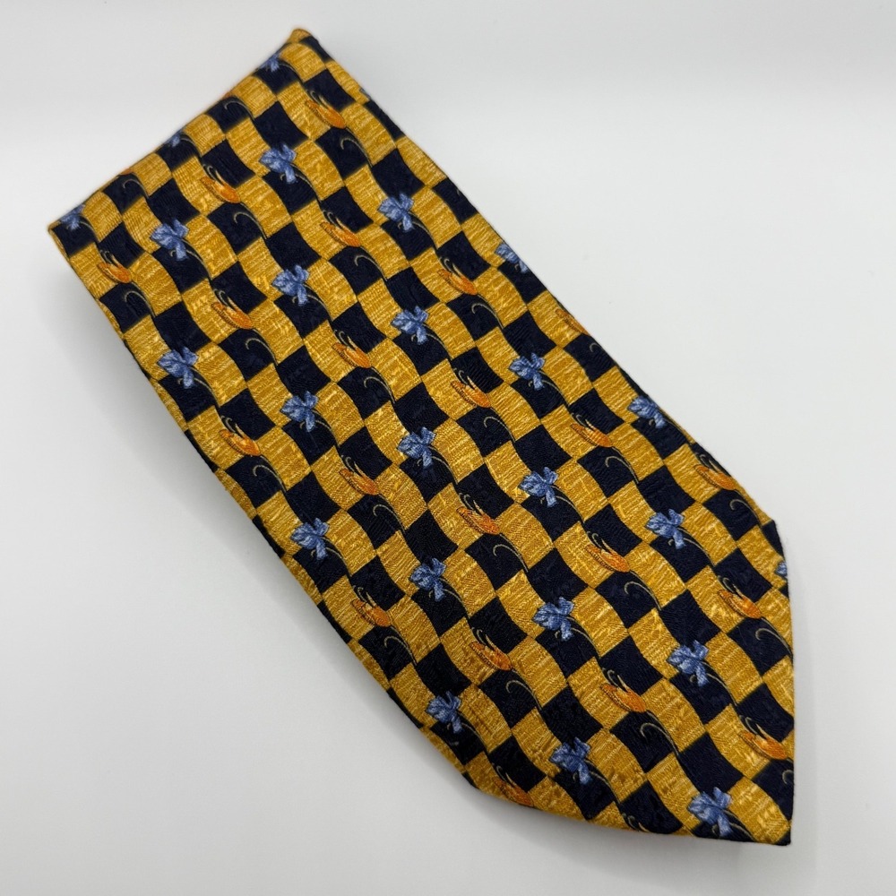 Jos. A. Bank Silk Tie OS Yellow Navy Blue Floral Checkered Italian Dark Academia